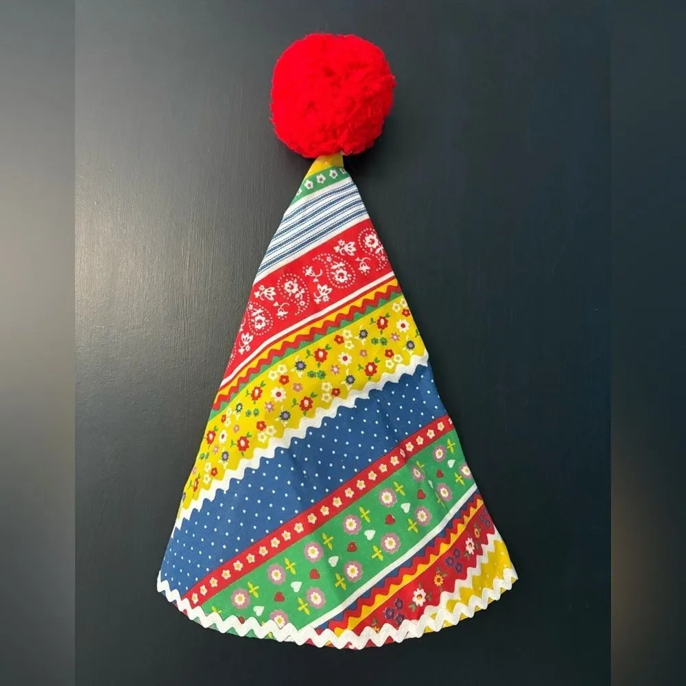 Vintage Handmade Clown Costume Cone Shaped Hat with Red Poof. 70’s Style Fabric